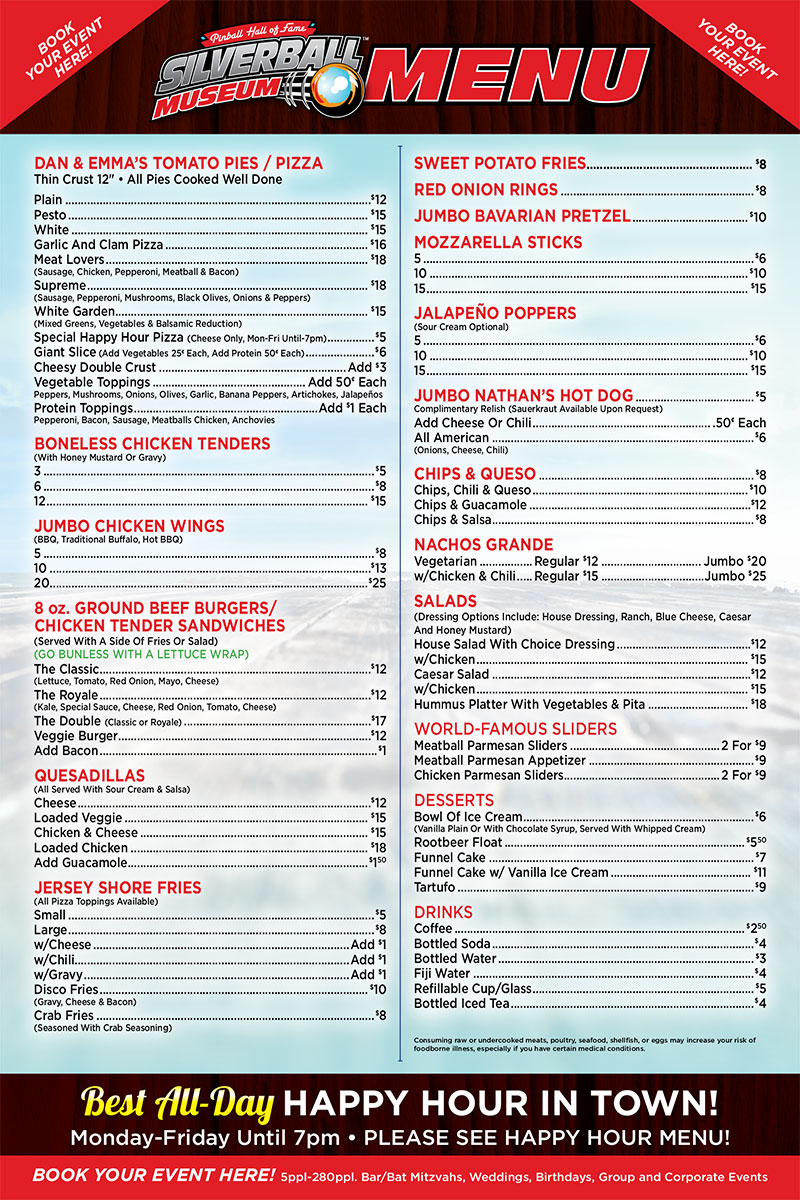 Menu Silverball Museum DelRay Beach